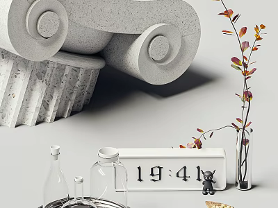 Modern Ornament Decoration Set With Scroll Plant Clock And Glass Bottles 3d model
