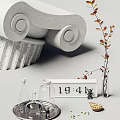 Modern Ornament Decoration Set With Scroll Plant Clock And Glass Bottles