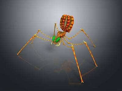 3D Designed Spider Model With Orange Yellow Body Green Eyes And Long Thin Legs 3d model
