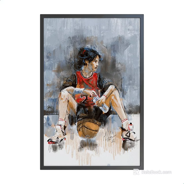 Portrait Painting of Girl in Red Sportswear Sitting with Water Bottle Basketball on Gray Background 3d model 
