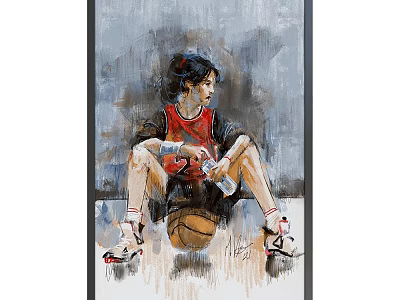Portrait Painting of Girl in Red Sportswear Sitting with Water Bottle Basketball on Gray Background 3d model