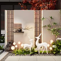 Modern Garden Feature Wall With Lattice Design White Deer Sculptures Green Plants And String Lights