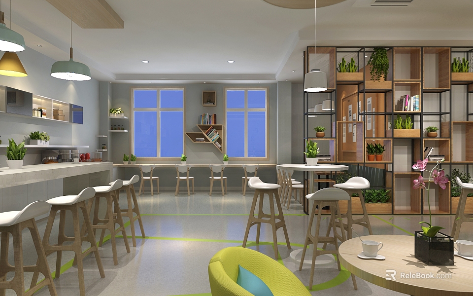Modern Break Room Interior Design With Tables Chairs Plants Windows And Wooden Shelves 3d model 