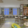 Modern Break Room Interior Design With Tables Chairs Plants Windows And Wooden Shelves