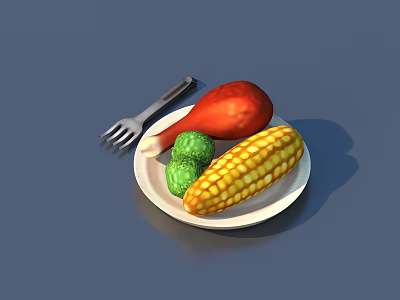 Delicious Roasted Chicken Leg with Broccoli and Corn on White Plate 3d model