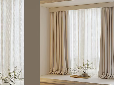 Elegant Modern Beige Linen Curtains For Window With Sill And Decorative Plants 3d model