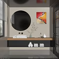 Modern Bathroom Vanity with Round Backlit Mirror Wooden Countertop Sink Faucet Towel Rolls and Vase