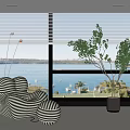 Modern Home Balcony With Striped Chairs Potted Plants And Sea View Blinds