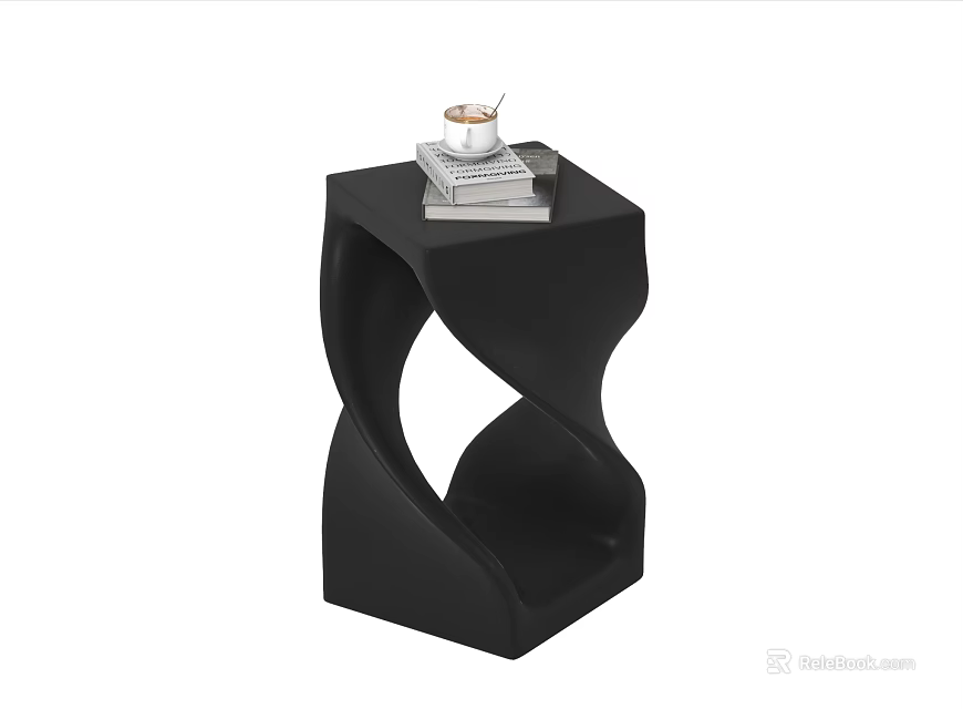 Black Side Table With Twisted Design And Books Coffee Cup On Top 3d model 