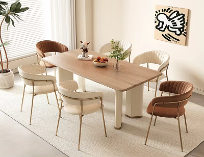 Wooden Dining Table Set with Brown and Beige Chairs Golden Legs Fruit Bowl and Vase 3d model