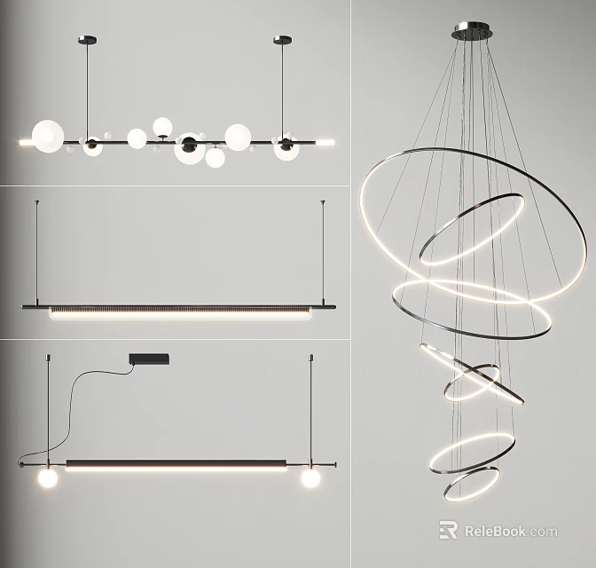Modern Chandelier Designs Featuring Circular Rings Linear Bar And Hanging Fixtures 3d model 