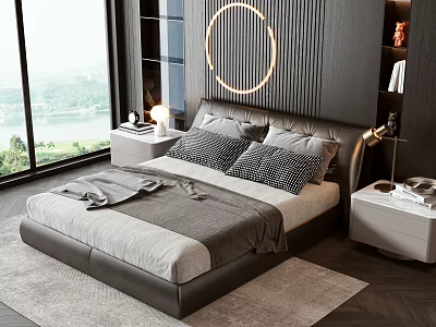 Modern Bedroom Double Bed With Gray White Bedding Round Light And Nightstands 3d model