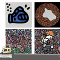Abstract Artworks Featuring Blue Structure Orange Circle Colorful City And Cartoon Figure