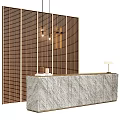 Modern Reception Desk with Stone Countertop Wooden Slat Backdrop and Pendant Lights