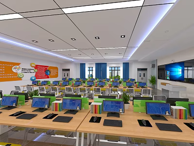 Modern School Classroom Featuring Computers Desks And Interactive Learning Environment 3d model