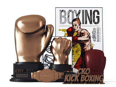 Golden Boxing Glove Trophy And Medal With Boxing Magazine And Championship Theme 3d model