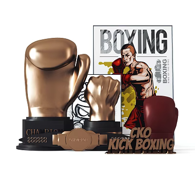 Golden Boxing Glove Trophy And Medal With Boxing Magazine And Championship Theme 3d model Golden Boxing Glove Trophy And Medal With Boxing Magazine And Championship Theme 3d model