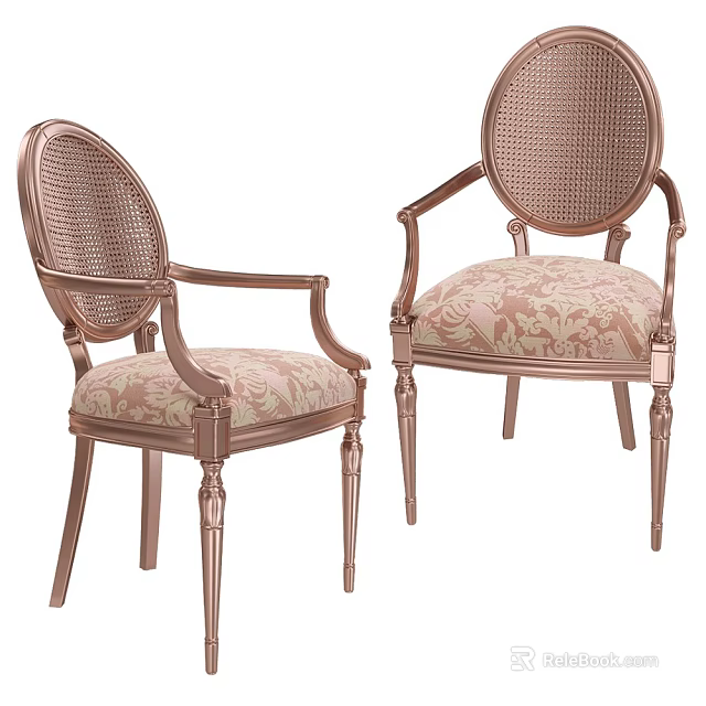 Elegant Dining Chairs with Wicker Back Design Metal Legs and Patterned Seat Cushion 3d model 