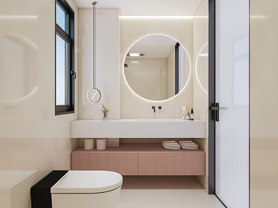 Modern Bathroom Interior Design With Round Mirror Vanity Under Mount Sink Pinkish Cabinets And Towels 3d model