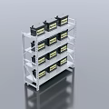 Blue White Red Display Shelving Units Holding Black Boxes With Yellow Labels