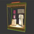Ancient Stone Artifacts Showcased In Wooden Glass Display Cabinet With Carvings