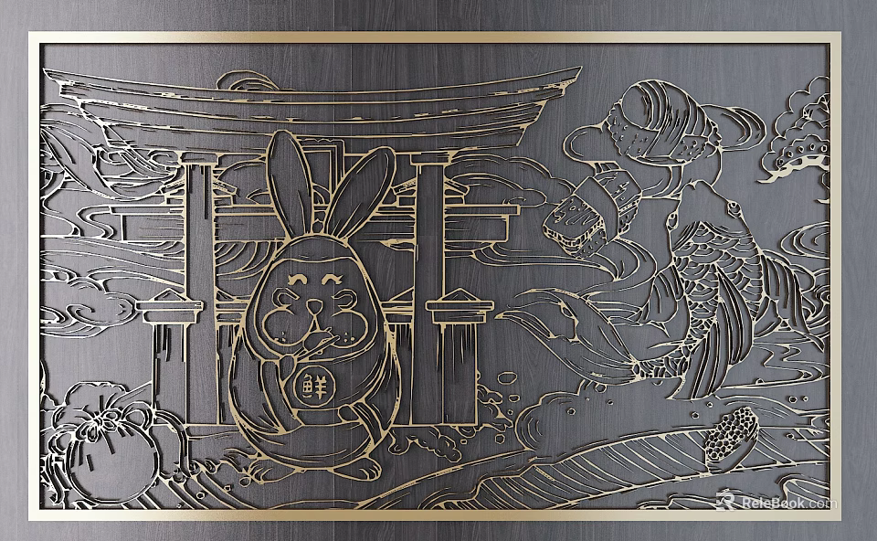 Intricate Carved Design With Golden Lines Featuring Rabbit Torii Gate And Carp 3d model 