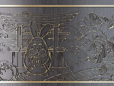 Intricate Carved Design With Golden Lines Featuring Rabbit Torii Gate And Carp 3d model