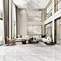 Loft Living Room With High Ceiling Marble Wall And Large Sofa 3d model