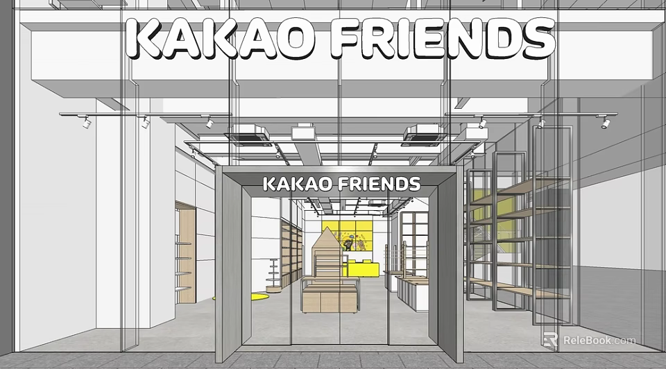 KAKAO FRIENDS Cafe Interior Design With Glass Entrance And Display Shelves 3d model 
