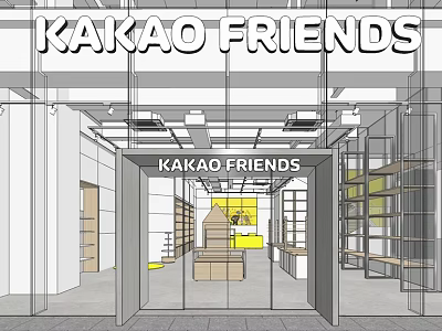 KAKAO FRIENDS Cafe Interior Design With Glass Entrance And Display Shelves 3d model
