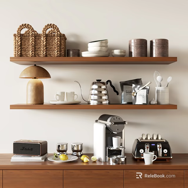 Kitchenware Display With Wicker Baskets Dishes Jars Lamp Mugs Coffee Machine On Shelves And Counter 3d model 