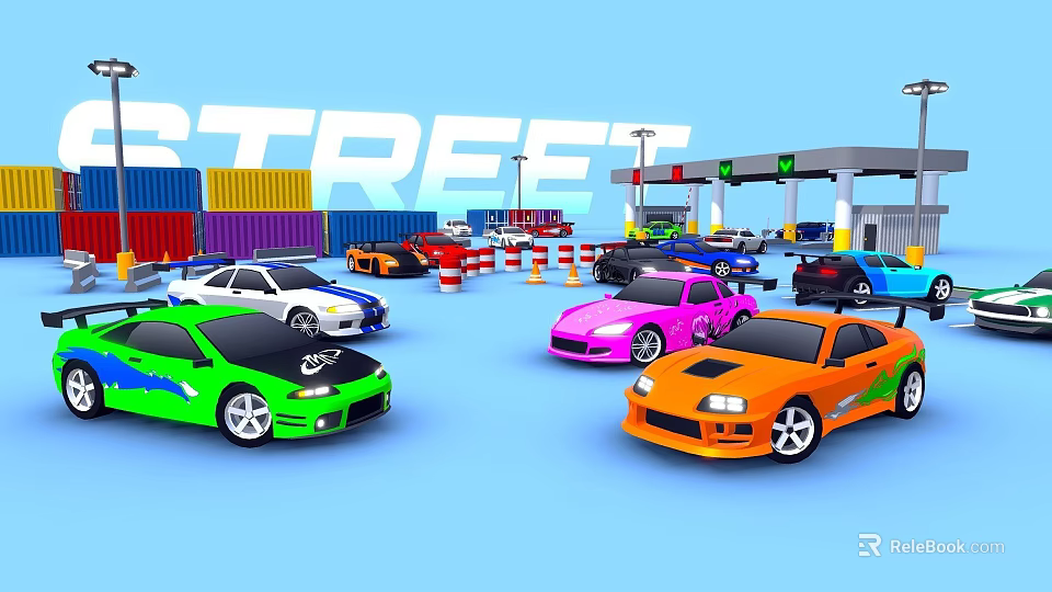 Multi Colored Sports Cars Near Containers Gas Station Street Sign And Traffic Cones 3d model 