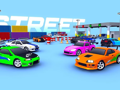 Multi Colored Sports Cars Near Containers Gas Station Street Sign And Traffic Cones 3d model