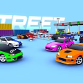 Multi Colored Sports Cars Near Containers Gas Station Street Sign And Traffic Cones