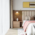 Modern Bedroom Interior With Upholstered Headboard Bedside Lamps Wall Art And Wooden Panel Decor