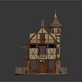 Miniature House Model Featuring Tower Red Roof Yellow Brown Walls Balcony Windows And Stone Base