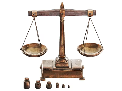 Vintage Brass Balance Scale With Various Weights On White Background 3d model