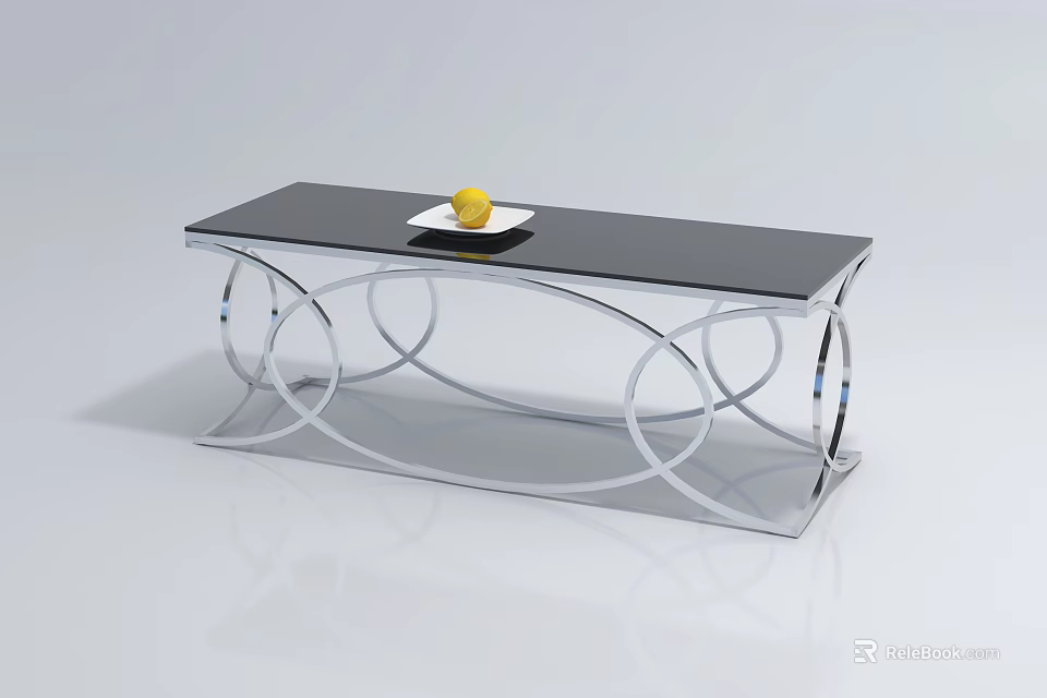 Modern Black Coffee Table With Glass Top Silver Curved Metal Legs And White Plate 3d model 