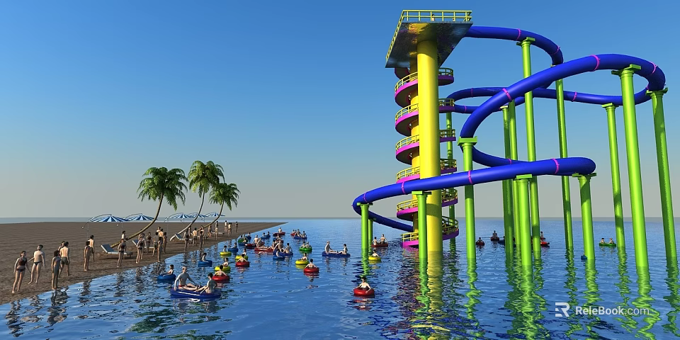 Water Park with Blue Yellow Slides Green Pillars People Enjoying Activities Near Palm Trees Beach 3d model 