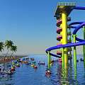 Water Park with Blue Yellow Slides Green Pillars People Enjoying Activities Near Palm Trees Beach