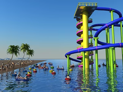 Water Park with Blue Yellow Slides Green Pillars People Enjoying Activities Near Palm Trees Beach 3d model
