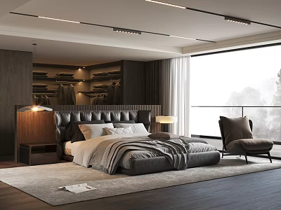 Modern Bedroom Interior Featuring Dark Leather Headboard Gray White Bedding Open Closet And Foggy View 3d model