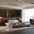 Modern Bedroom Interior Featuring Dark Leather Headboard Gray White Bedding Open Closet And Foggy View