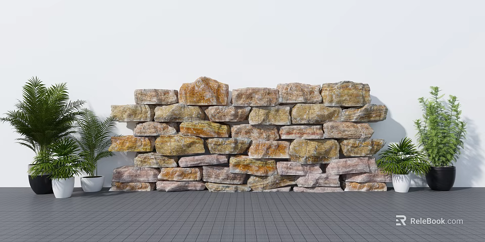 Building Exterior Wall with Natural Mixed Color Stones Irregular Arrangement and Green Plants 3d model 