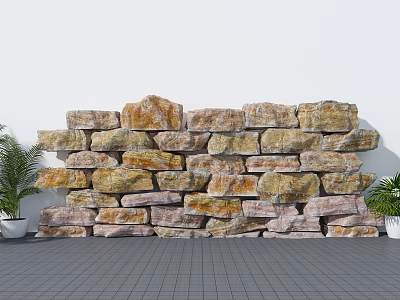 Building Exterior Wall with Natural Mixed Color Stones Irregular Arrangement and Green Plants 3d model