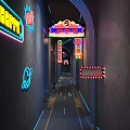 Modern Storefront Counter With LIFE NOW Neon Sign Purple Lighting And Bookshelves