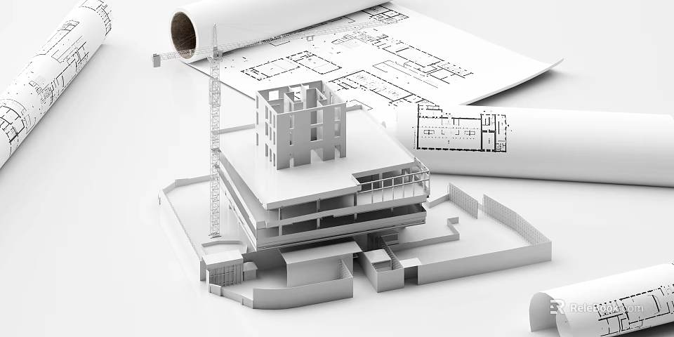 Essential Commercial Equipment For Construction Featuring Building Model Crane And Blueprints 3d model 