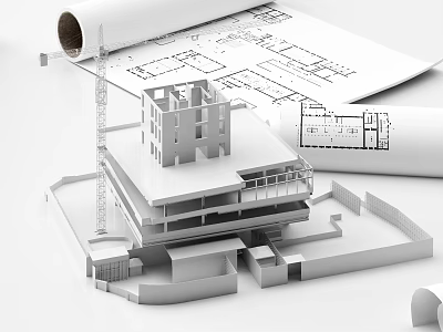 Essential Commercial Equipment For Construction Featuring Building Model Crane And Blueprints 3d model