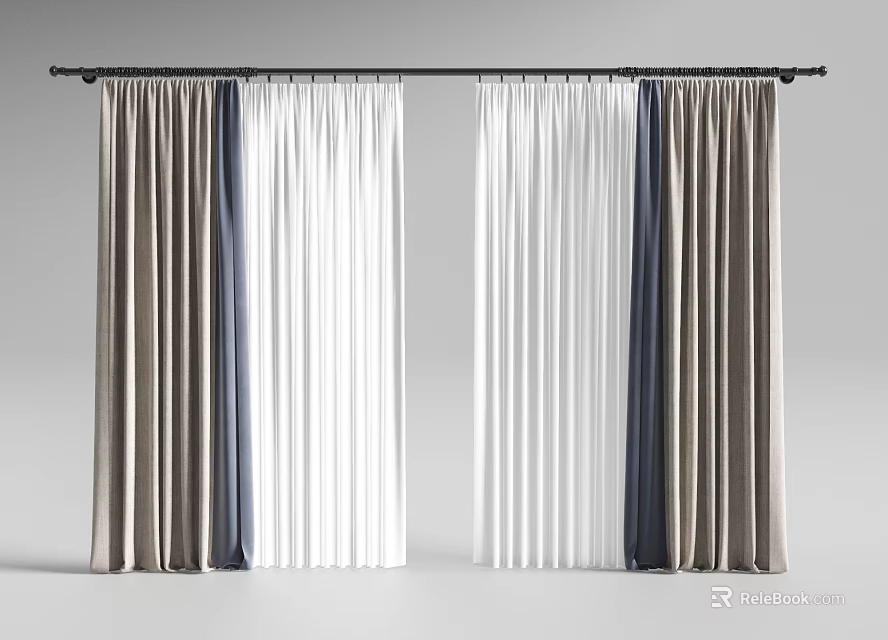 Soft Fabric Curtains In White Gray And Blue Tones With Modern Drape Design 3d model 