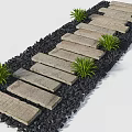 Garden Path Paving With Natural Stone Slabs And Black Gravel Surrounding Green Plants